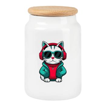 Arabian Egyptian Mau Cat Breed Cartoon Kawaii Pet - Cookie Jar with Wooden Lid - white - Front