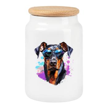 Doberman avec des lunettes de soleil - Boîte à biscuits avec couvercle en bois - blanc - Devant