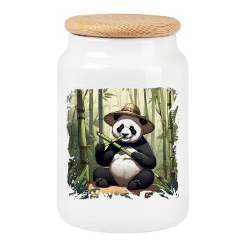 Panda eating! - Cookie Jar with Wooden Lid - white - Front