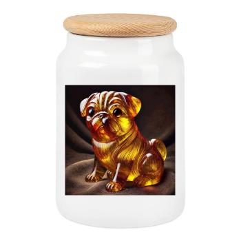 Glasfigur Pug mit Goldflammen-Design - Keksdose mit Holzdeckel - Weiß - Vorne