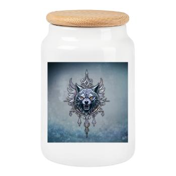 Tête de loup mystique. - Boîte à biscuits avec couvercle en bois - blanc - Devant