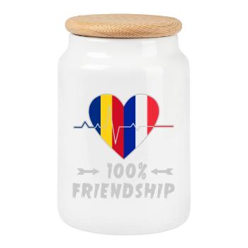 Rumänien und Frankreich 100% Freundschaft - Keksdose mit Holzdeckel - Weiß - Vorne