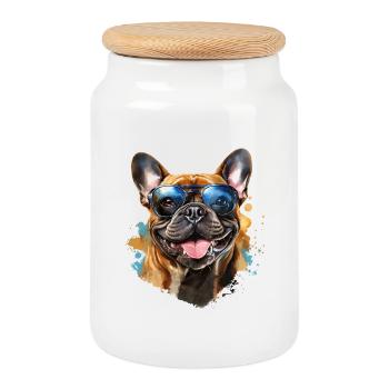 Frenchie mit Sonnenbrille - Keksdose mit Holzdeckel - Weiß - Vorne