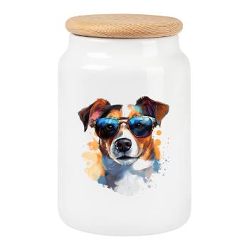 Jack Russell avec lunettes de soleil - Boîte à biscuits avec couvercle en bois - blanc - Devant