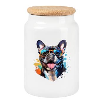 Frenchie avec lunettes de soleil - Boîte à biscuits avec couvercle en bois - blanc - Devant