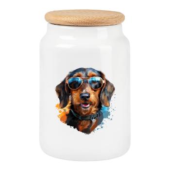 Wire-haired dachshund with sunglasses - Cookie Jar with Wooden Lid - white - Front