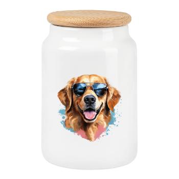 Golden Retriever avec lunettes de soleil - Boîte à biscuits avec couvercle en bois - blanc - Devant