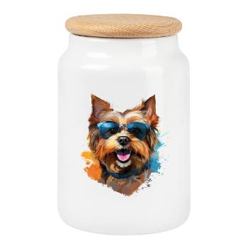 Yorkie avec lunettes de soleil - Boîte à biscuits avec couvercle en bois - blanc - Devant