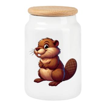 Beaver - Cookie Jar with Wooden Lid - white - Front