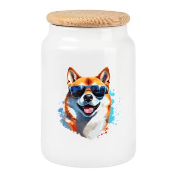 Shiba Inu avec lunettes de soleil - Boîte à biscuits avec couvercle en bois - blanc - Devant