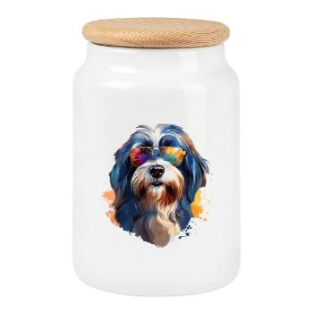 Terrier tibétain avec lunettes de soleil - Boîte à biscuits avec couvercle en bois - blanc - Devant