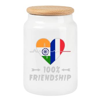 Indien und Frankreich 100% Freundschaft - Keksdose mit Holzdeckel - Weiß - Vorne