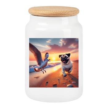 Aventures animées sur la plage avec chien et mouette - Boîte à biscuits avec couvercle en bois - blanc - Devant