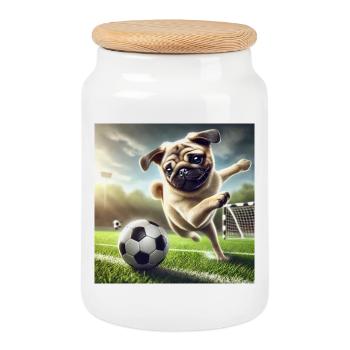 Chien joueur jouant au football - Boîte à biscuits avec couvercle en bois - blanc - Devant