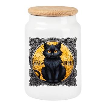 Black Cat Mala Suerte - Cookie Jar with Wooden Lid - white - Front