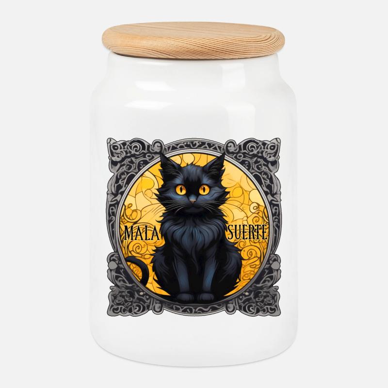 Black Cat Mala Suerte - Cookie Jar with Wooden Lid - white