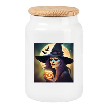Halloween, Hexe, Kürbis - Keksdose mit Holzdeckel - Weiß - Vorne