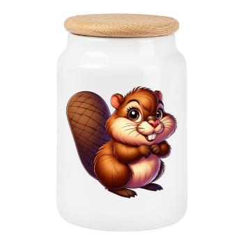 Beaver - Cookie Jar with Wooden Lid - white - Front