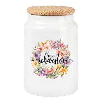 Beste Schwester! Personalisierbares Design - Keksdose mit Holzdeckel - Weiß - Vorne