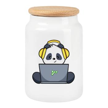 Gaming Panda mit gelbem Headset - Keksdose mit Holzdeckel - Weiß - Vorne