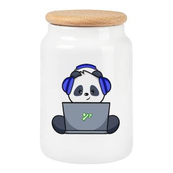 Gaming Panda mit blauem Headset - Keksdose mit Holzdeckel - Weiß - Vorne