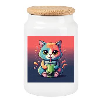 Niedliche Katze mit Bubble Tea - Keksdose mit Holzdeckel - Weiß - Vorne