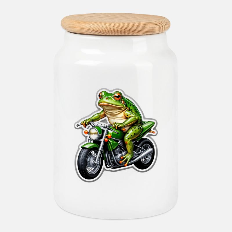 Frosch auf Motorrad - Keksdose mit Holzdeckel - Weiß