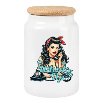Rockabilly Woman Rotary Phone - Cookie Jar with Wooden Lid - white - Front