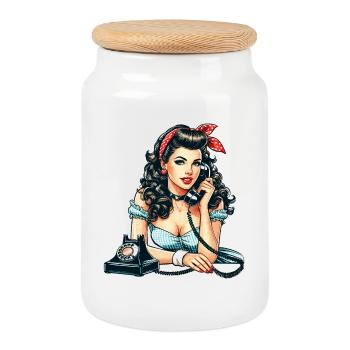 Rockabilly Frau Wählscheiben Telefon Geschenk - Keksdose mit Holzdeckel - Weiß - Vorne