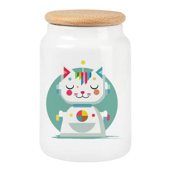 Chat robot géométrique - Illustration créative - Boîte à biscuits avec couvercle en bois - blanc - Devant