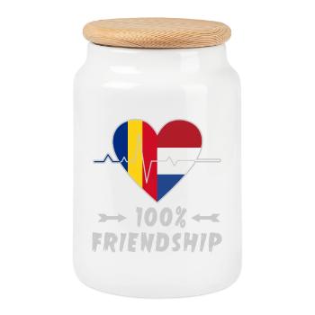 Rumänien und Niederlande 100% Freundschaft - Keksdose mit Holzdeckel - Weiß - Vorne