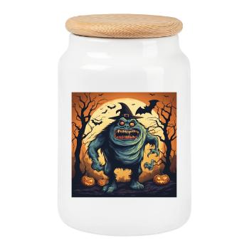 Halloween, Gruseliges Monster, Kürbis - Keksdose mit Holzdeckel - Weiß - Vorne