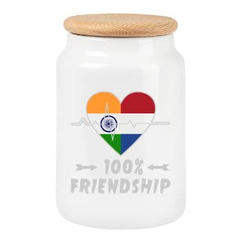 Indien und Niederlande 100% Freundschaft - Keksdose mit Holzdeckel - Weiß - Vorne