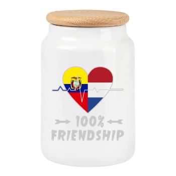 Ecuador and Netherlands 100% friendship - Cookie Jar with Wooden Lid - white - Front