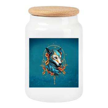 Stylized wolf with bright blue and gold fur - Cookie Jar with Wooden Lid - white - Front