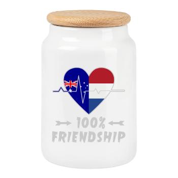Australia and Netherlands 100% friendship - Cookie Jar with Wooden Lid - white - Front