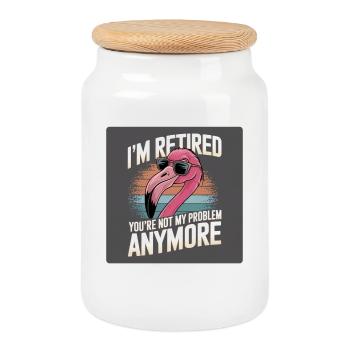 Flamingo : Je suis à la retraite, tu n’es plus mon problème - Boîte à biscuits avec couvercle en bois - blanc - Devant