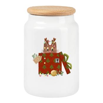 Cat in Christmas Gift - Cookie Jar with Wooden Lid - white - Front