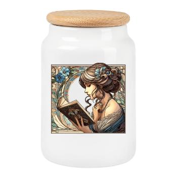 Femme Lisant Parcourir Livre Livres Cadeau - Boîte à biscuits avec couvercle en bois - blanc - Devant