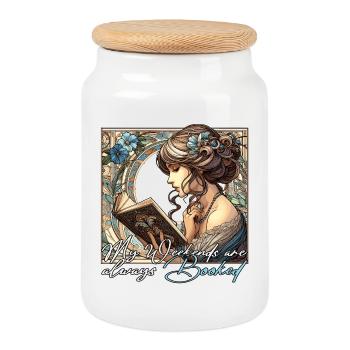 Woman Reading Weekends Book Books Gift - Cookie Jar with Wooden Lid - white - Front