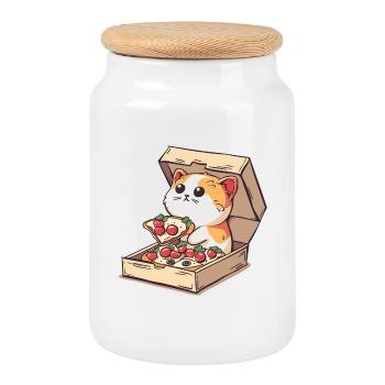 Chat à l’intérieur d’une boîte à pizza tenant une tranche de pizza - Boîte à biscuits avec couvercle en bois - blanc - Devant