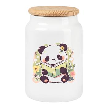 Panda liest ein Buch - niedliches Cartoon-Design - Keksdose mit Holzdeckel - Weiß - Vorne