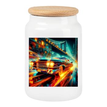 Vintage Electric Car - Cookie Jar with Wooden Lid - white - Front