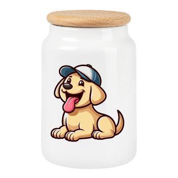 Petit chien joyeux a casquette - Labrador - Boîte à biscuits avec couvercle en bois - blanc - Devant