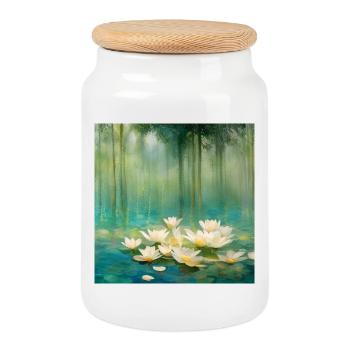 Water lilies - Cookie Jar with Wooden Lid - white - Front