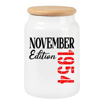 72ND BIRTHDAY NOVEMBER 1954 - Cookie Jar with Wooden Lid - white - Front