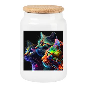 Neon Cats on a Black Background - Cookie Jar with Wooden Lid - white - Front