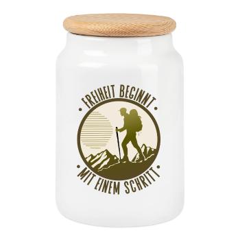 Freedom begins with one step of hiking - Cookie Jar with Wooden Lid - white - Front