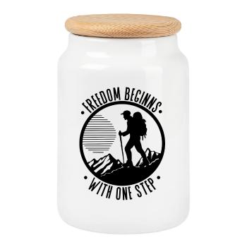 Freedom begins with one step of hiking - Cookie Jar with Wooden Lid - white - Front