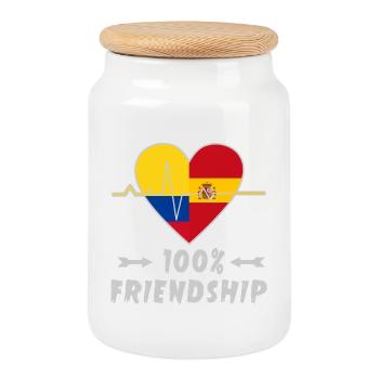 Colombia and Spain 100% friendship - Cookie Jar with Wooden Lid - white - Front